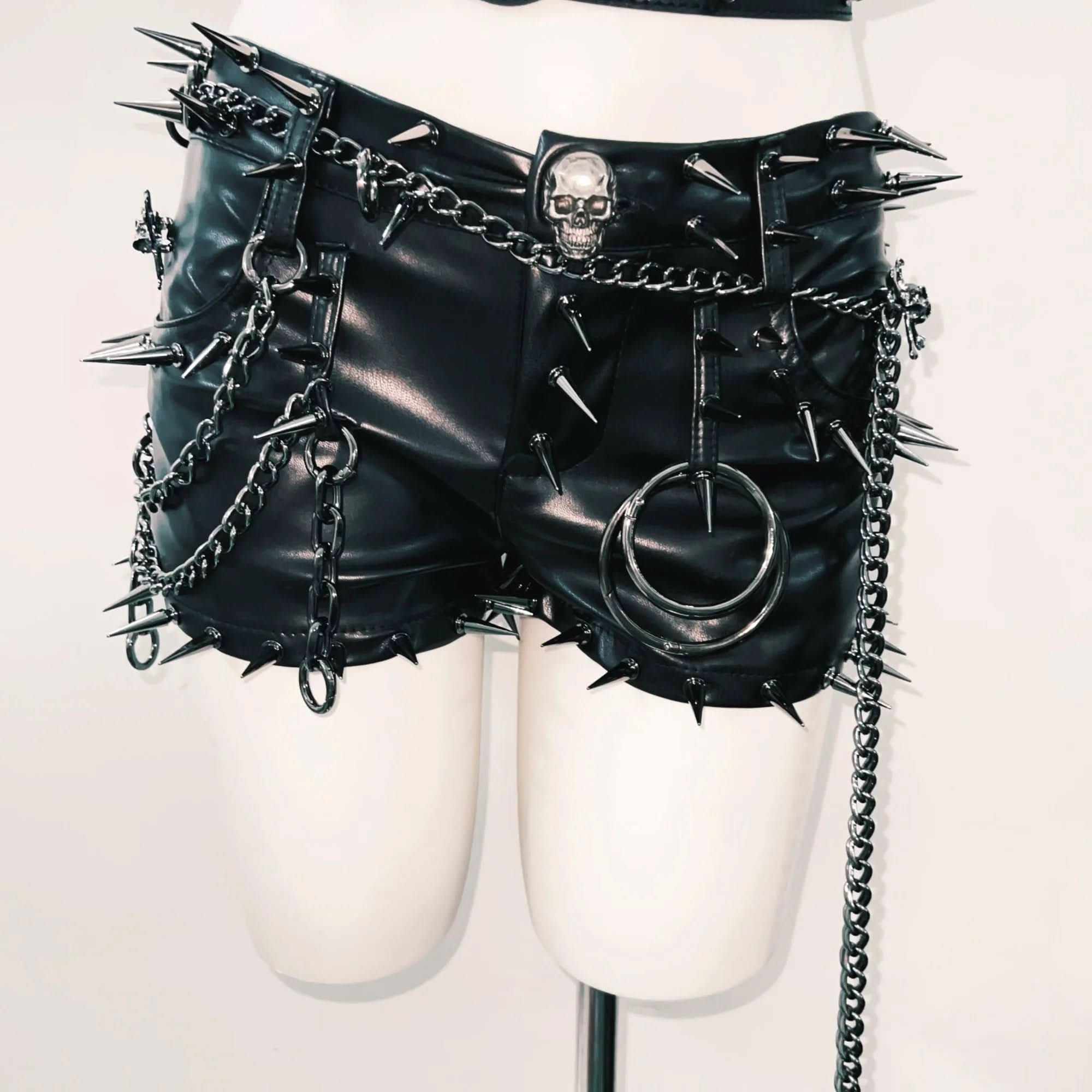 Fierce Spiked Skull Faux Leather Tube Top & Shorts Set | Halloween Rave & Clubwear