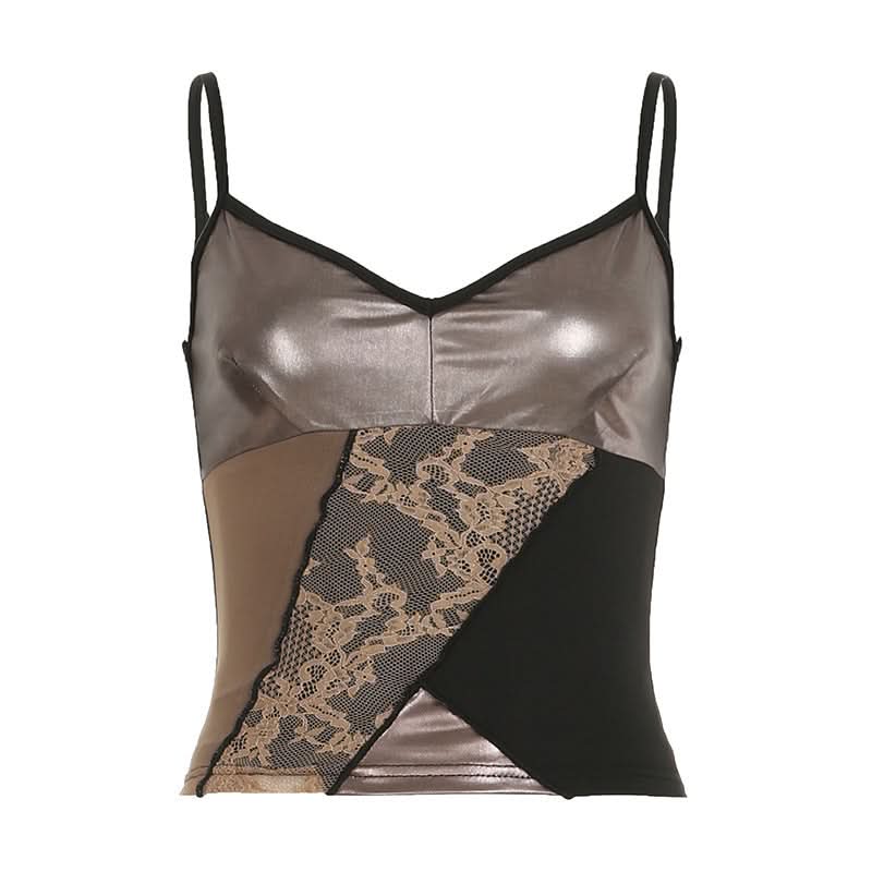 Edgy Glam V-Neck Metallic Lace Patchwork Cami Top - Your Fall 2025 Statement Piece
