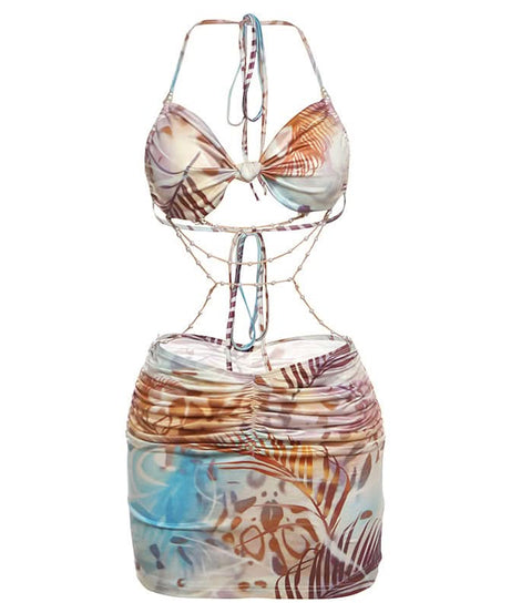 Y2K Tropical Abstract Halter Bow Top & Ruched Mini Skirt Set with Pearl Body Chain - Perfect for Fall Getaways & Club Nights