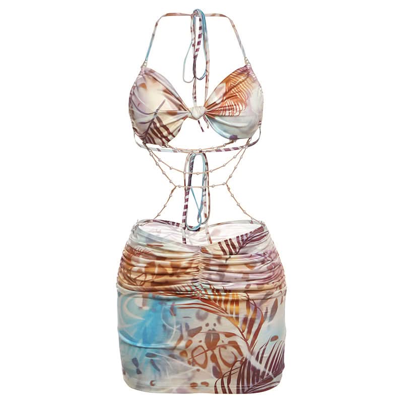 Y2K Tropical Abstract Halter Bow Top & Ruched Mini Skirt Set with Pearl Body Chain - Perfect for Fall Getaways & Club Nights