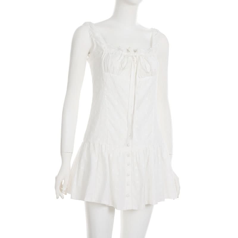 Flirty White Cotton Ruffle Mini Dress | Self-Tie Front & Button Details | Your Fall Getaway Essential