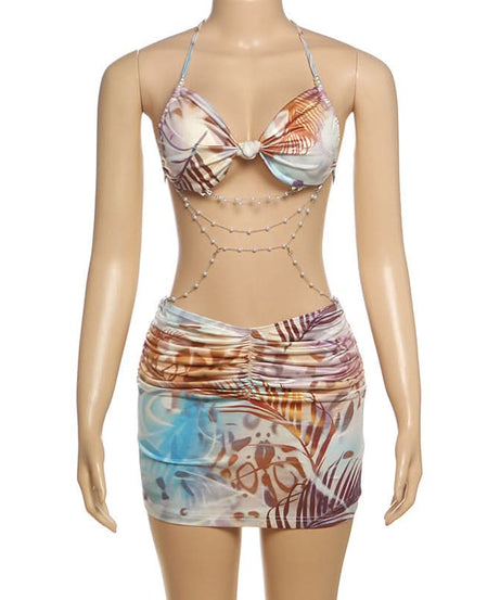 Y2K Tropical Abstract Halter Bow Top & Ruched Mini Skirt Set with Pearl Body Chain - Perfect for Fall Getaways & Club Nights