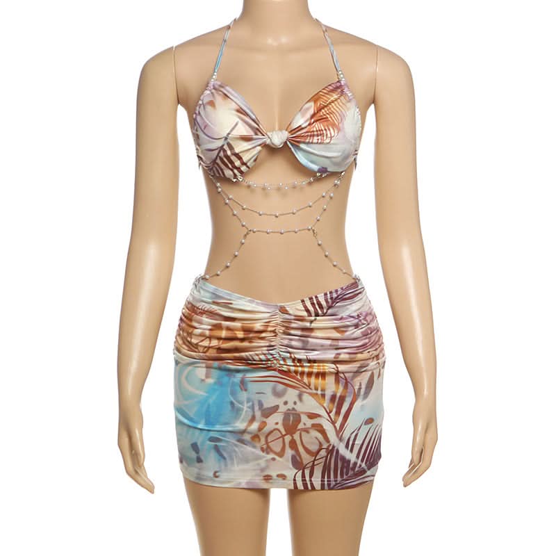 Y2K Tropical Abstract Halter Bow Top & Ruched Mini Skirt Set with Pearl Body Chain - Perfect for Fall Getaways & Club Nights