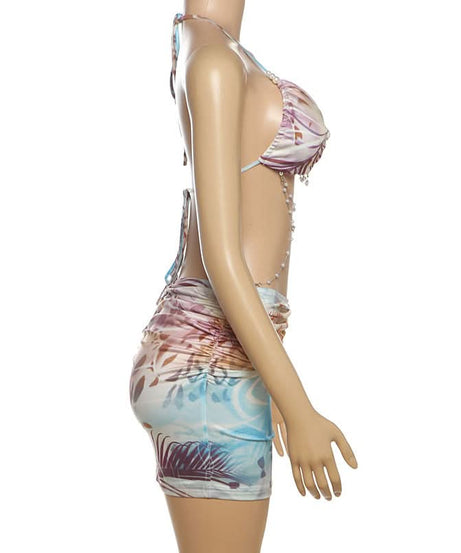 Y2K Tropical Abstract Halter Bow Top & Ruched Mini Skirt Set with Pearl Body Chain - Perfect for Fall Getaways & Club Nights
