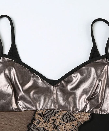 Edgy Glam V-Neck Metallic Lace Patchwork Cami Top - Your Fall 2025 Statement Piece
