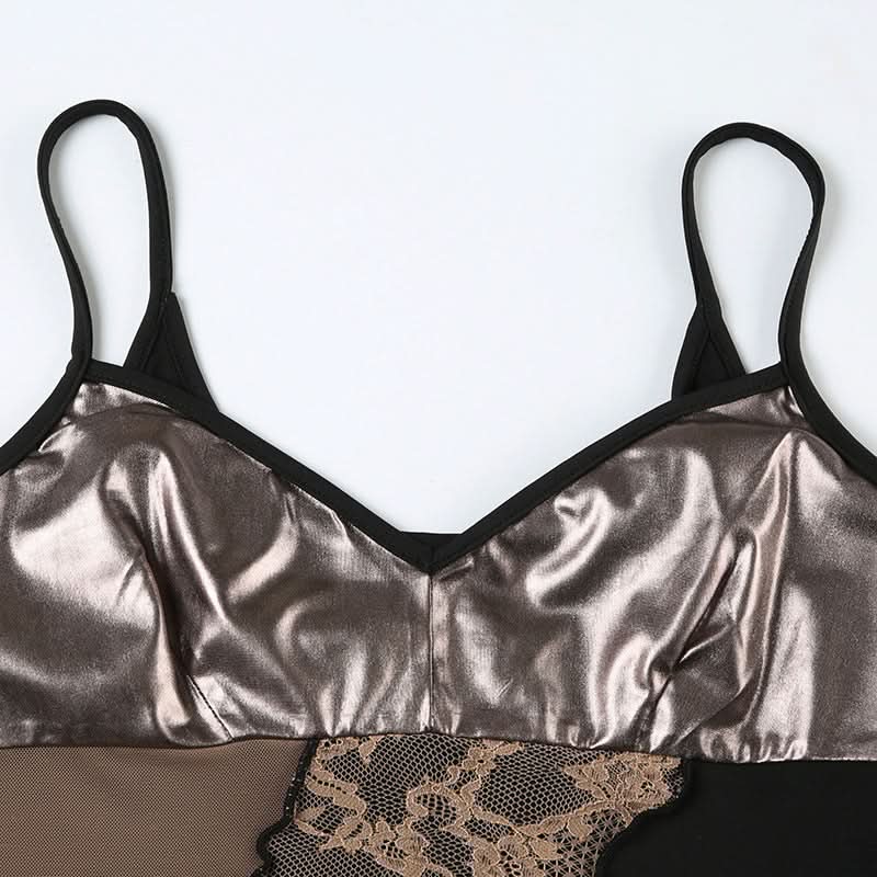 Edgy Glam V-Neck Metallic Lace Patchwork Cami Top - Your Fall 2025 Statement Piece