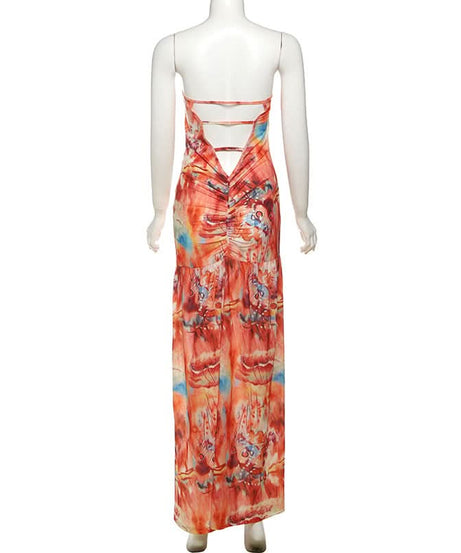 Vibrant Ocean Hues O-Ring Cutout Maxi Dress - Strapless High Slit for Resort & Holiday Getaways