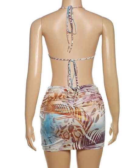 Y2K Tropical Abstract Halter Bow Top & Ruched Mini Skirt Set with Pearl Body Chain - Perfect for Fall Getaways & Club Nights