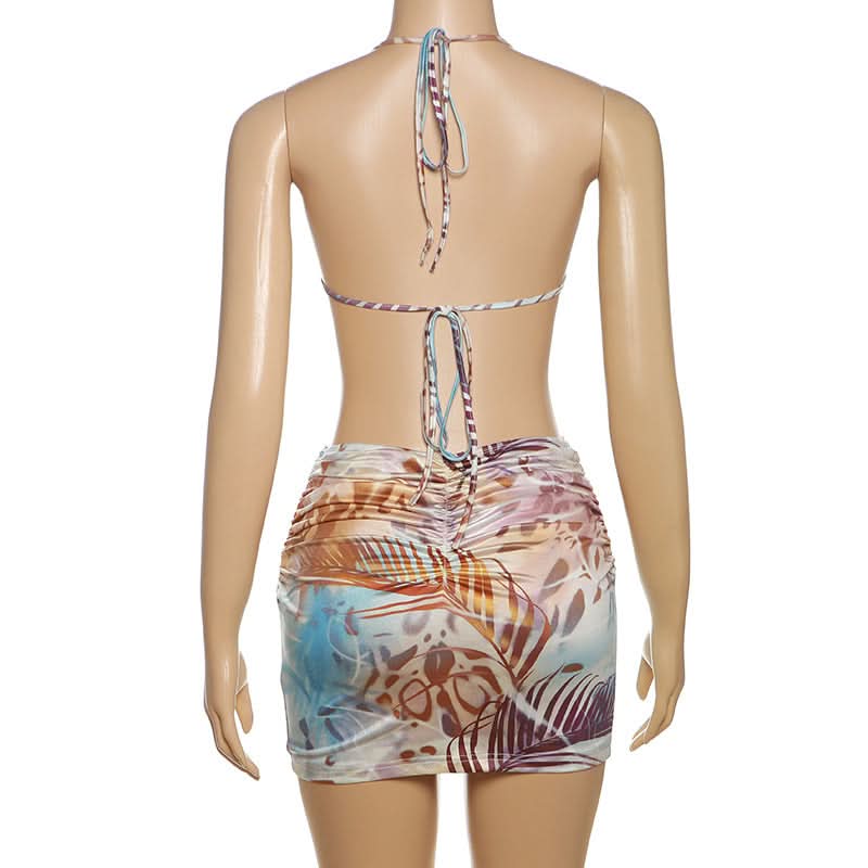 Y2K Tropical Abstract Halter Bow Top & Ruched Mini Skirt Set with Pearl Body Chain - Perfect for Fall Getaways & Club Nights