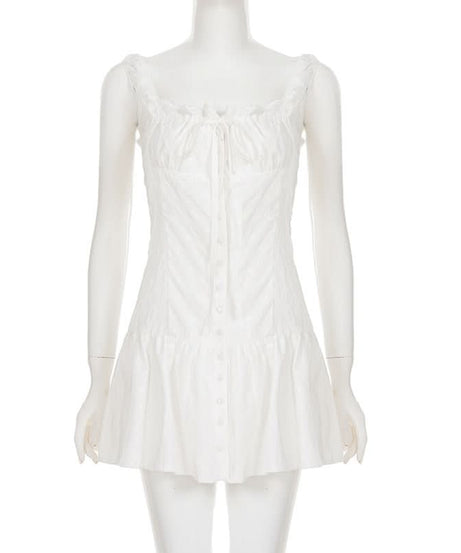 Flirty White Cotton Ruffle Mini Dress | Self-Tie Front & Button Details | Your Fall Getaway Essential