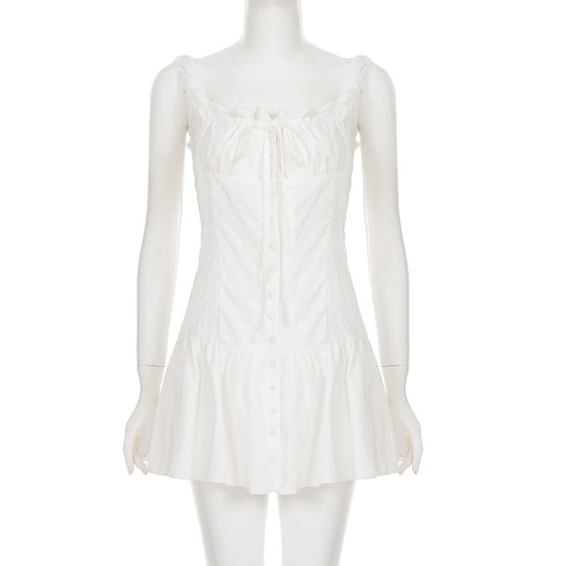 Flirty White Cotton Ruffle Mini Dress | Self-Tie Front & Button Details | Your Fall Getaway Essential
