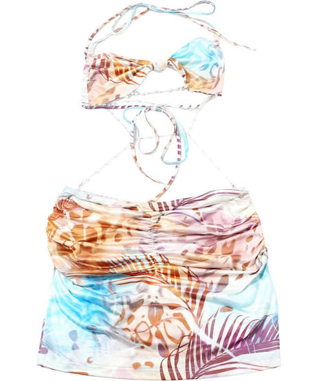 Y2K Tropical Abstract Halter Bow Top & Ruched Mini Skirt Set with Pearl Body Chain - Perfect for Fall Getaways & Club Nights