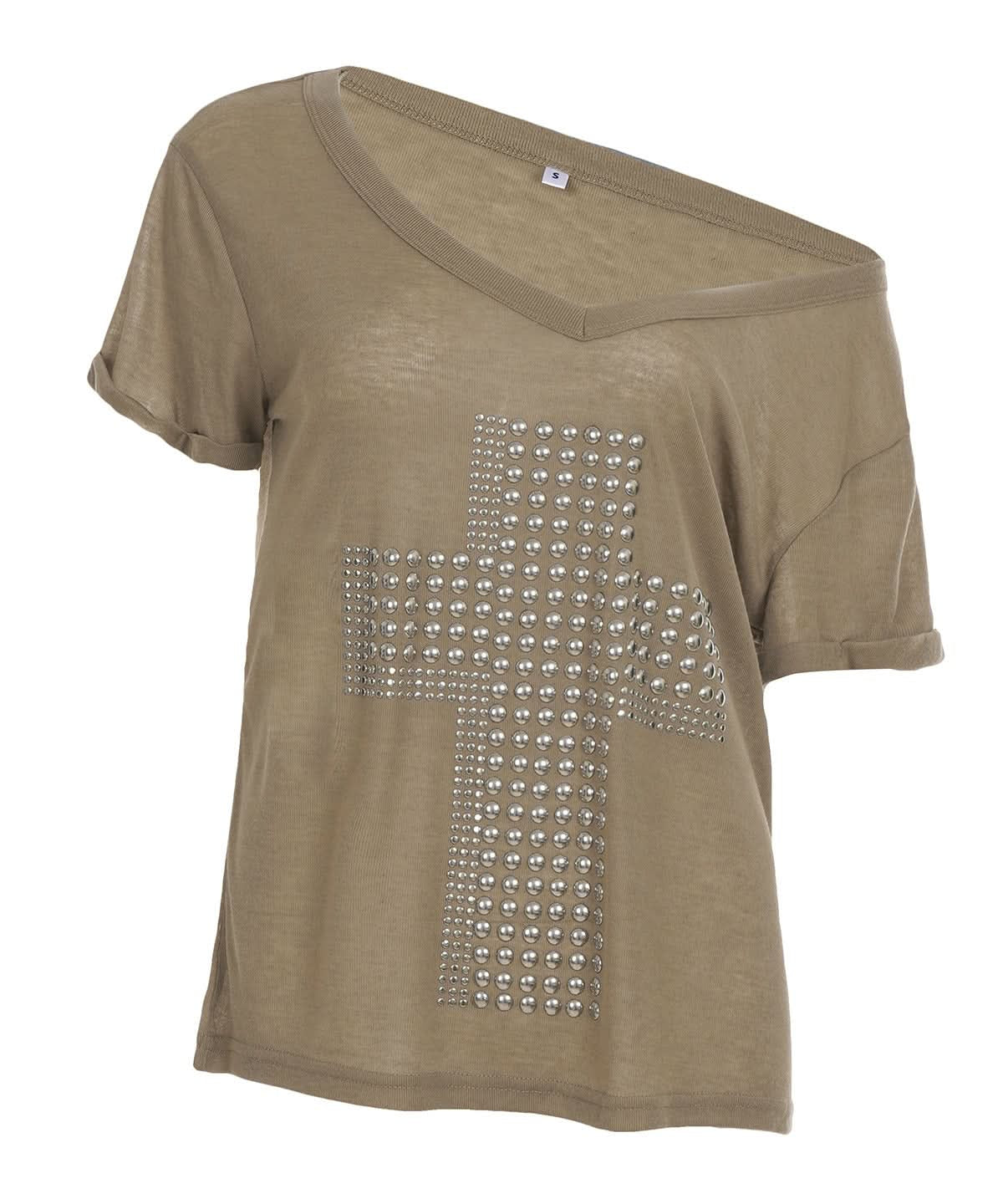 Fall-Ready Studded Cross Off-Shoulder Tee | Edgy Olive Green Top for Women