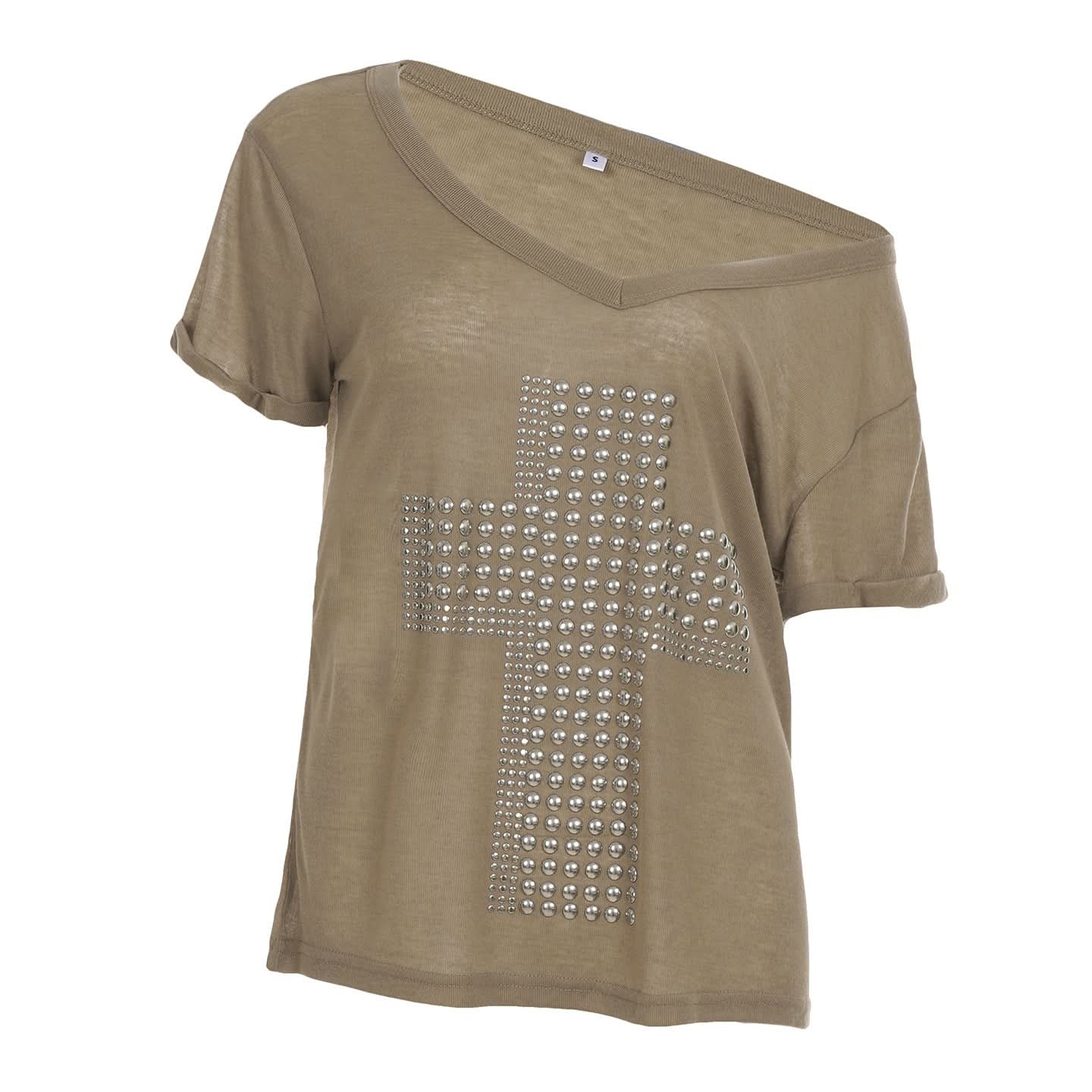 Fall-Ready Studded Cross Off-Shoulder Tee | Edgy Olive Green Top for Women