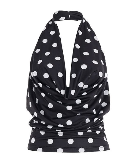 Retro Glam Polka Dot Halter Backless Top – Your Fall & Holiday Party Essential