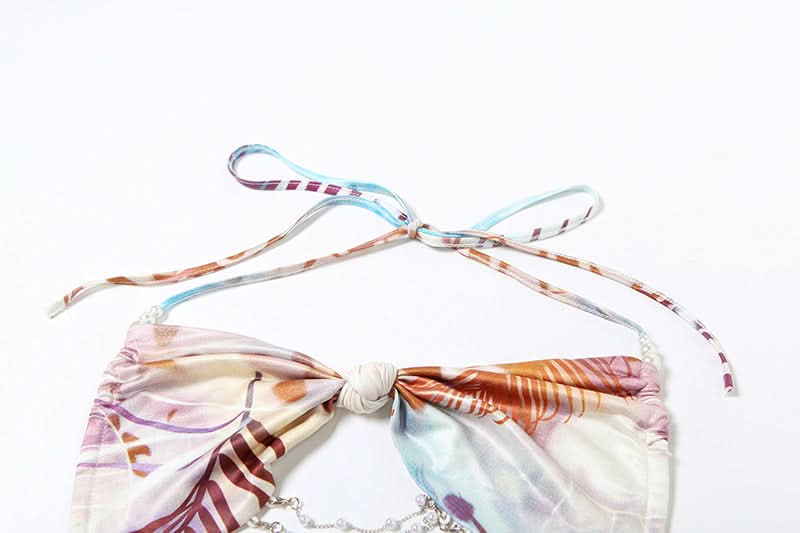 Y2K Tropical Abstract Halter Bow Top & Ruched Mini Skirt Set with Pearl Body Chain - Perfect for Fall Getaways & Club Nights