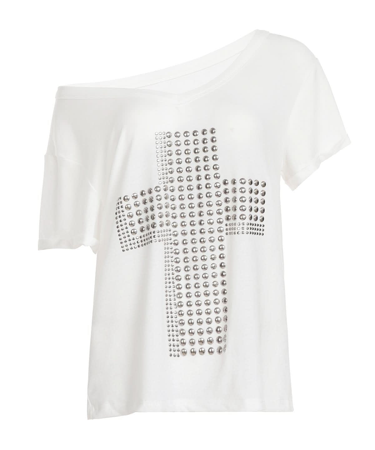 Fall-Ready Studded Cross Off-Shoulder Tee | Edgy Olive Green Top for Women