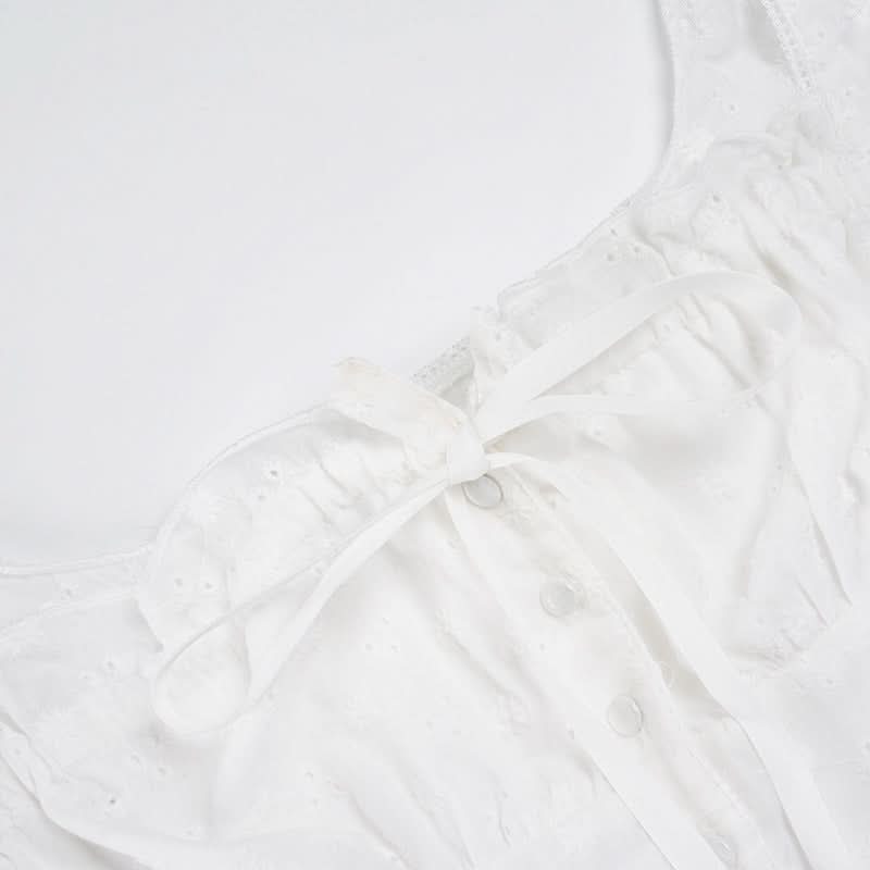 Flirty White Cotton Ruffle Mini Dress | Self-Tie Front & Button Details | Your Fall Getaway Essential