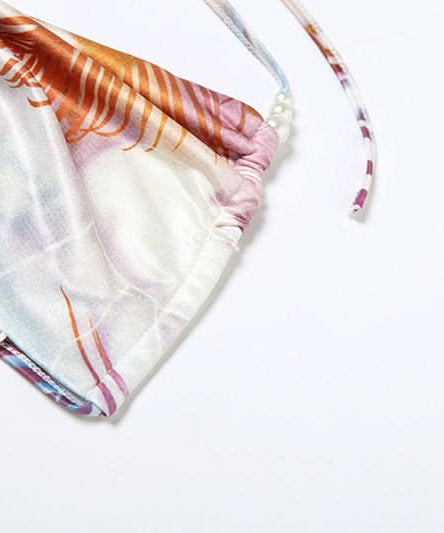 Y2K Tropical Abstract Halter Bow Top & Ruched Mini Skirt Set with Pearl Body Chain - Perfect for Fall Getaways & Club Nights