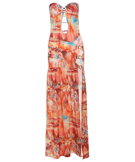 Vibrant Ocean Hues O-Ring Cutout Maxi Dress - Strapless High Slit for Resort & Holiday Getaways