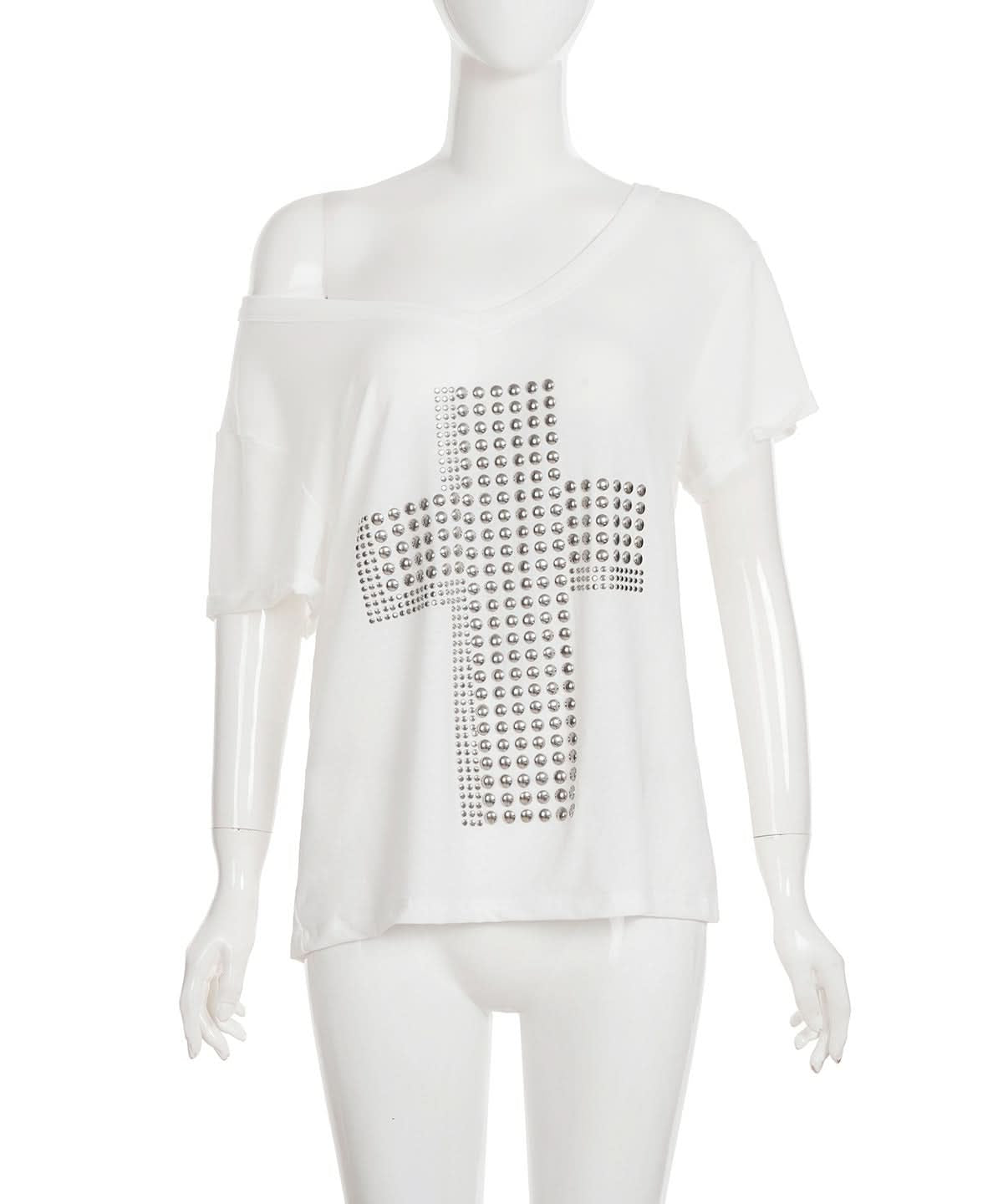 Fall-Ready Studded Cross Off-Shoulder Tee | Edgy Olive Green Top for Women