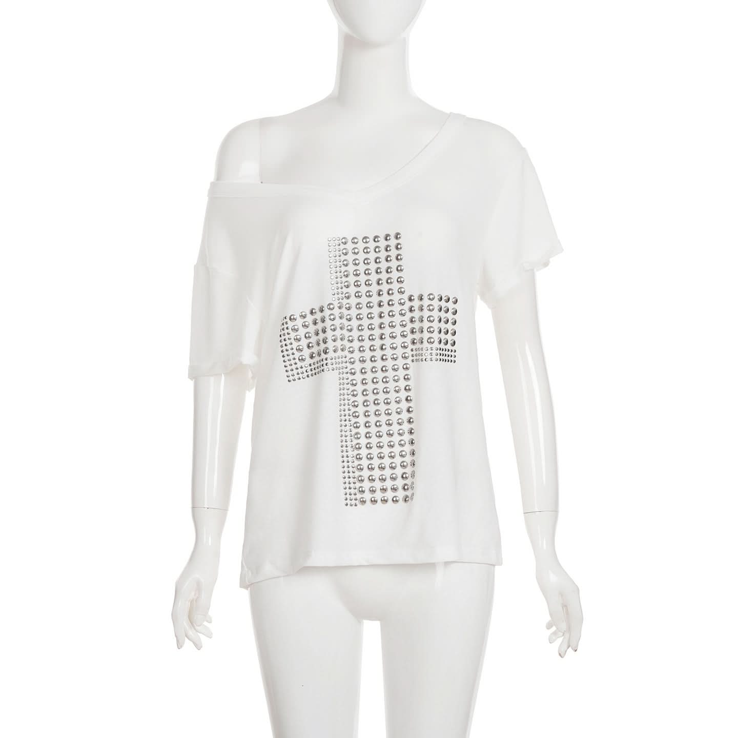 Fall-Ready Studded Cross Off-Shoulder Tee | Edgy Olive Green Top for Women