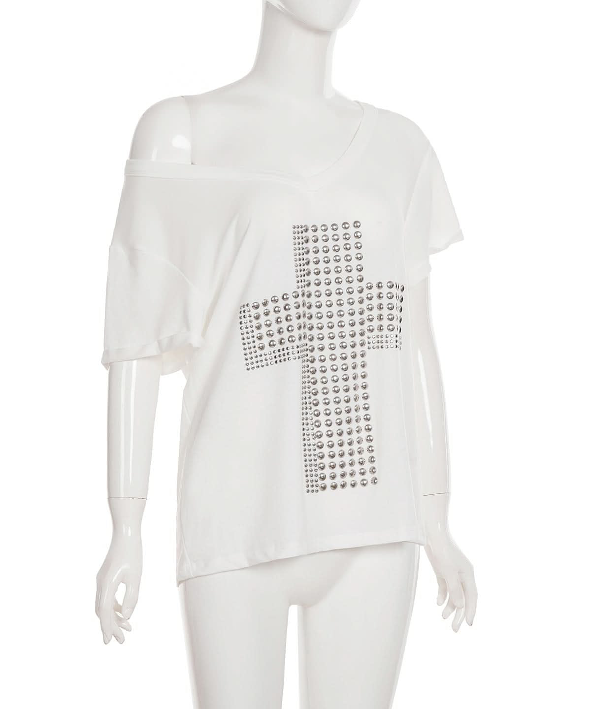 Fall-Ready Studded Cross Off-Shoulder Tee | Edgy Olive Green Top for Women