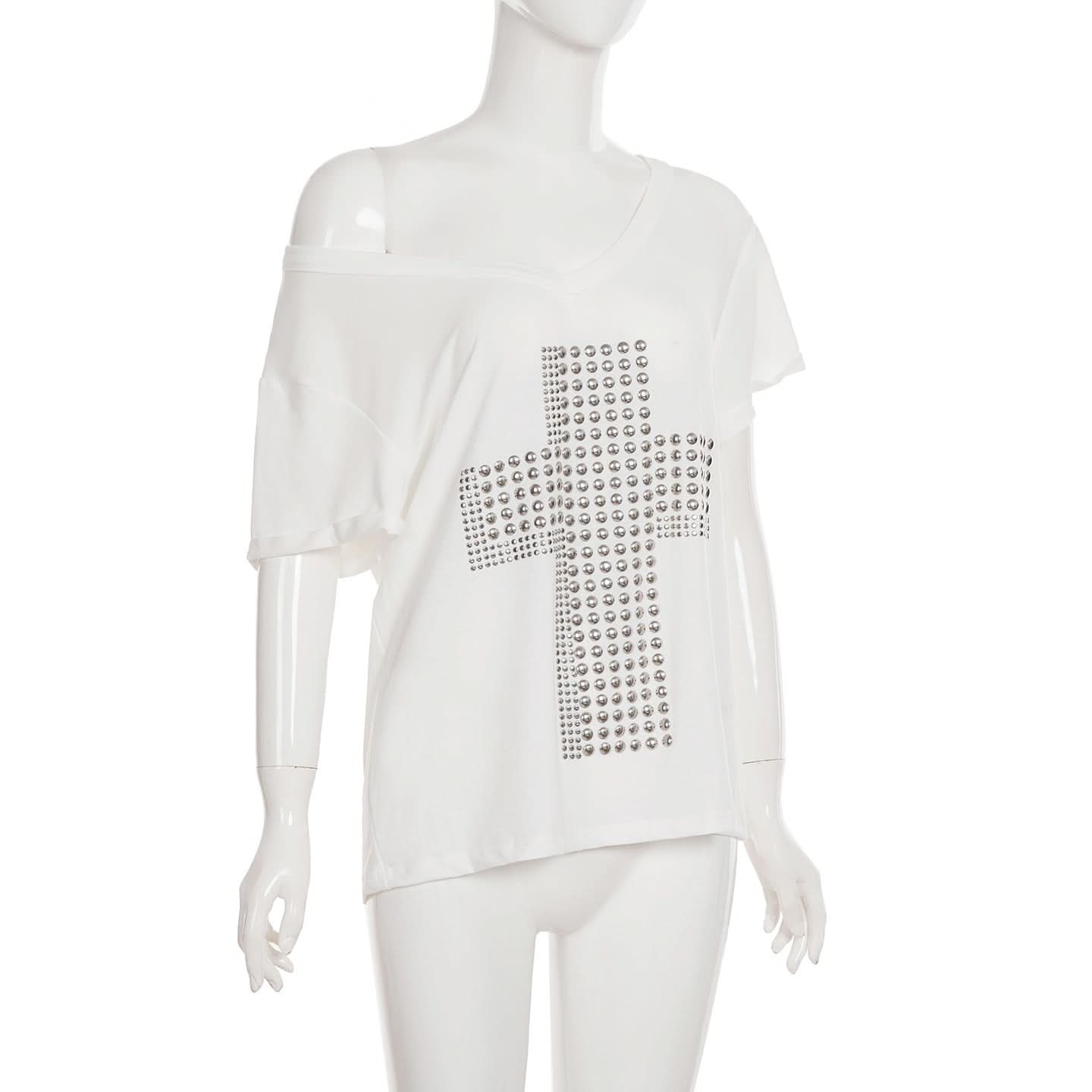 Fall-Ready Studded Cross Off-Shoulder Tee | Edgy Olive Green Top for Women