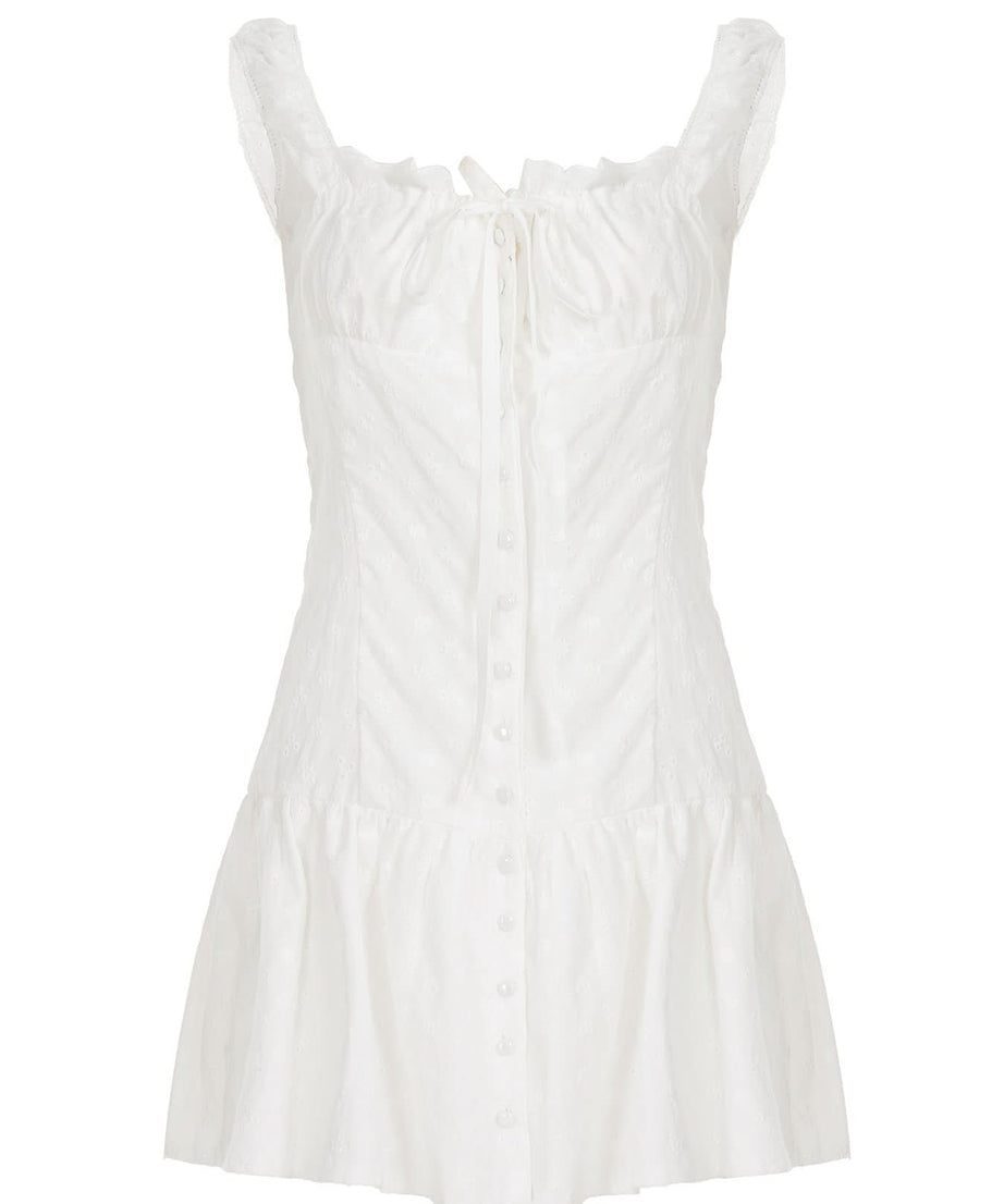Flirty White Cotton Ruffle Mini Dress | Self-Tie Front & Button Details | Your Fall Getaway Essential