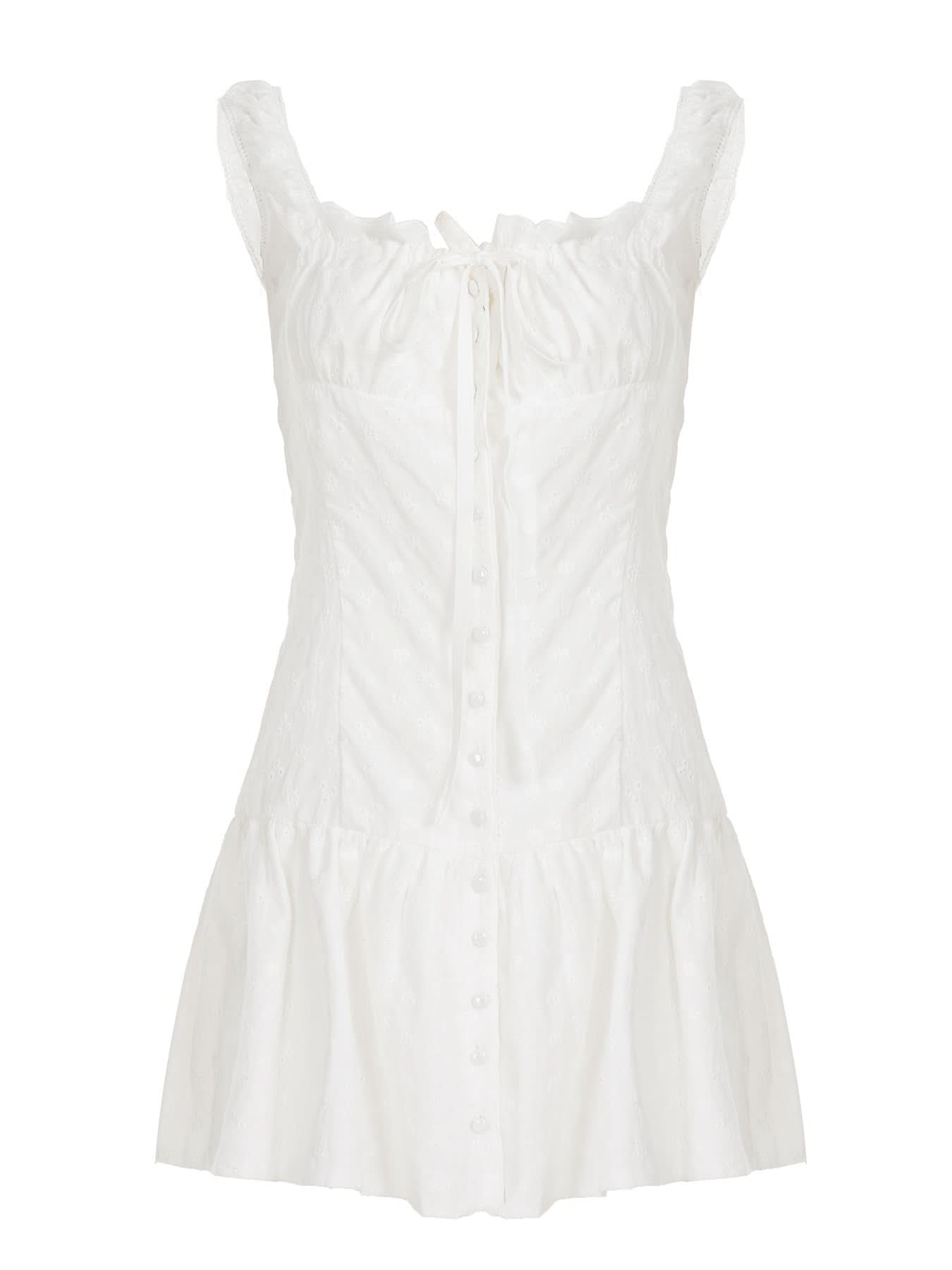 Flirty White Cotton Ruffle Mini Dress | Self-Tie Front & Button Details | Your Fall Getaway Essential
