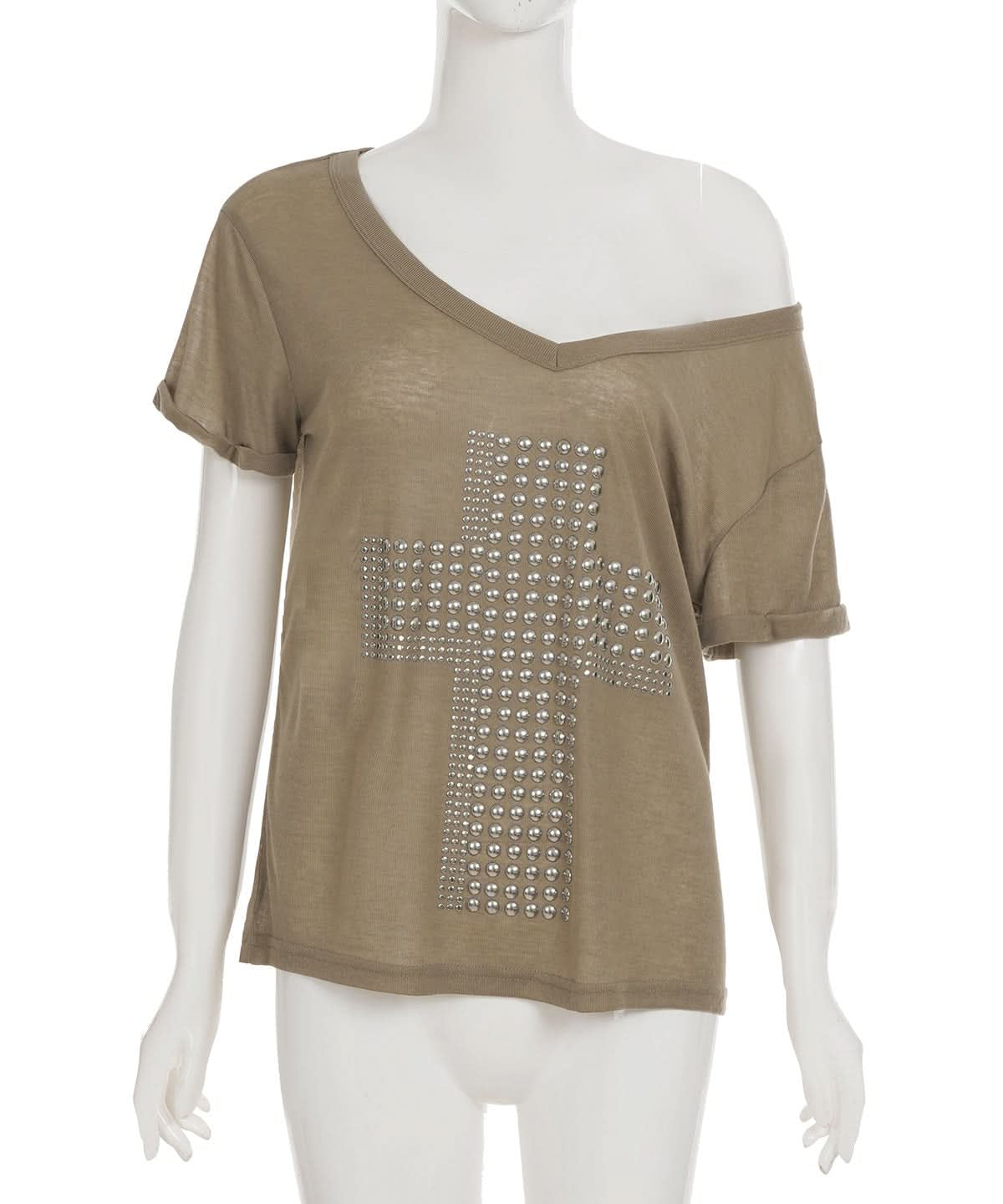 Fall-Ready Studded Cross Off-Shoulder Tee | Edgy Olive Green Top for Women