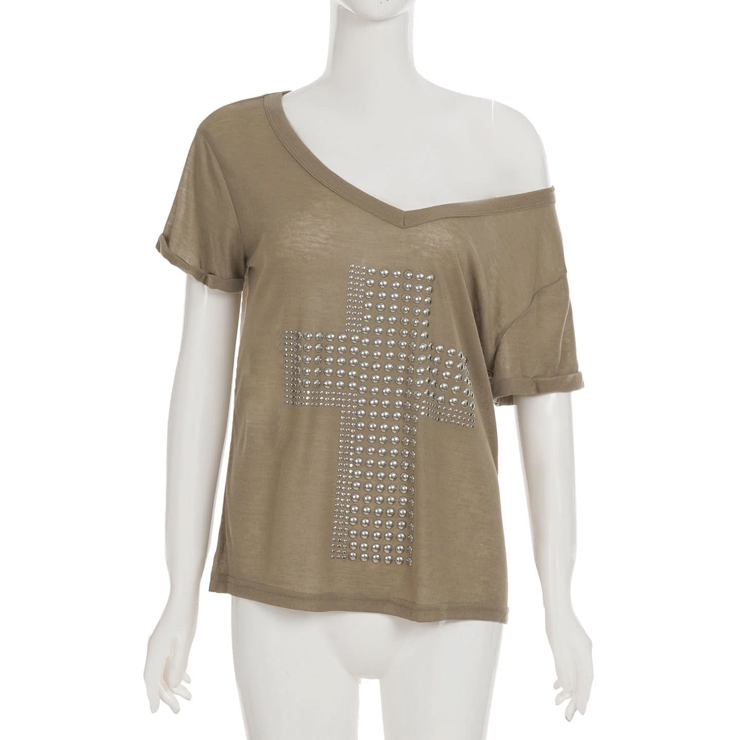 Fall-Ready Studded Cross Off-Shoulder Tee | Edgy Olive Green Top for Women