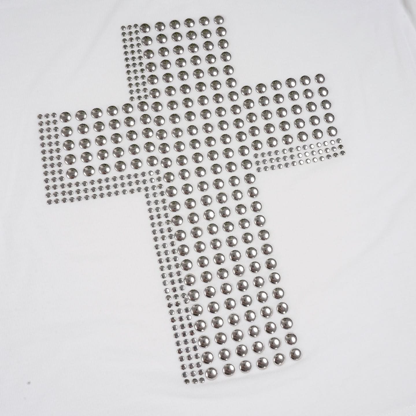 Fall-Ready Studded Cross Off-Shoulder Tee | Edgy Olive Green Top for Women