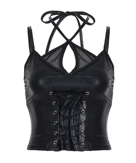 Edgy Faux Leather Lace-Up Crop Top with Mesh | Gothic Glam Cami for Fall & Halloween Nights