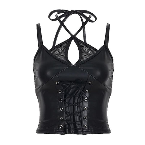 Edgy Faux Leather Lace-Up Crop Top with Mesh | Gothic Glam Cami for Fall & Halloween Nights