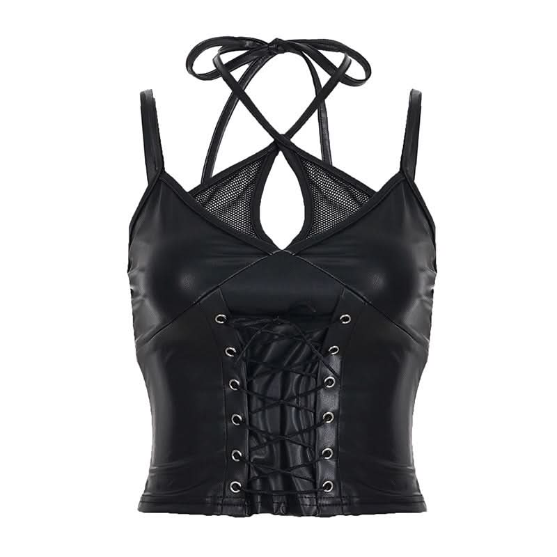 Edgy Faux Leather Lace-Up Crop Top with Mesh | Gothic Glam Cami for Fall & Halloween Nights