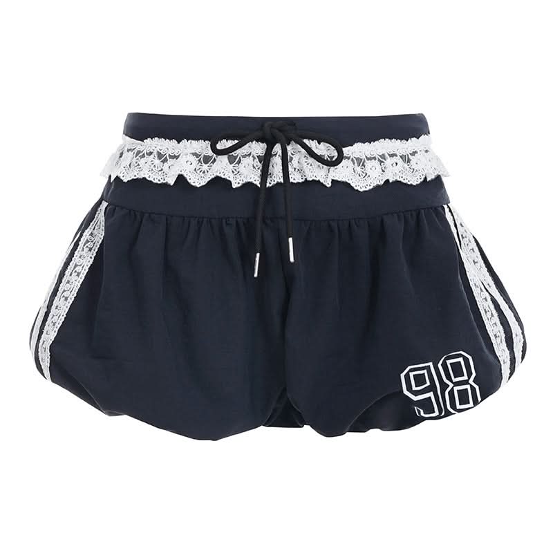 Retro-Chic '98' Navy Lace Trim Drawstring Shorts - Women's Cozy Loungewear & Athleisure