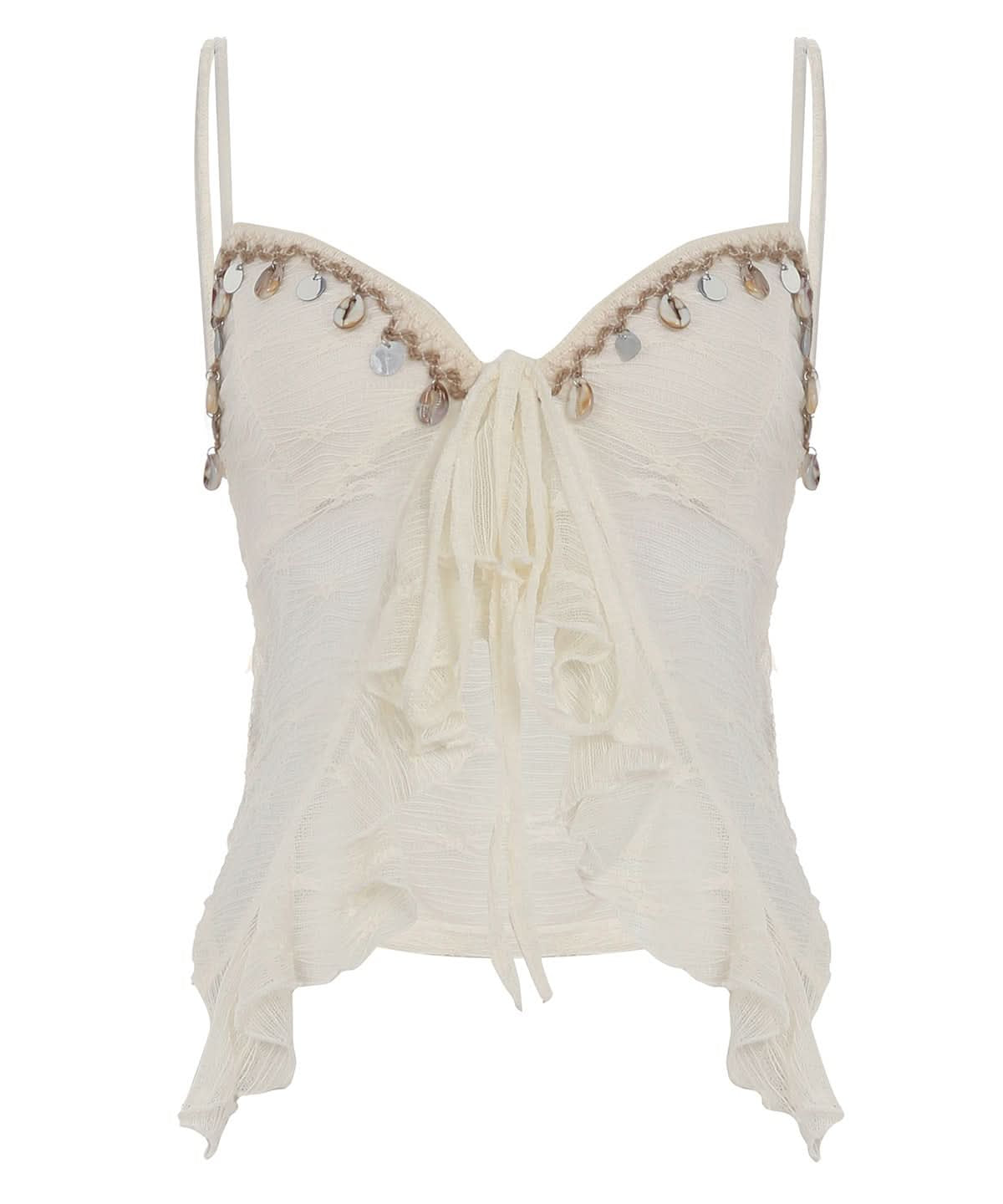 Dreamy Boho Shell Charm Cami Top – Ruffled Self-Tie Backless for Fall Getaways & Resort Chic