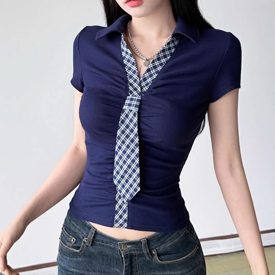 Preppy Chic Plaid Tie Ruched Crop Top - Fall's Must-Have Slim Fit Statement