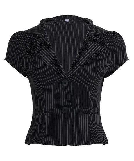 Chic Pinstripe Short Sleeve Blazer Blouse for Women - Fall Office & Versatile Style