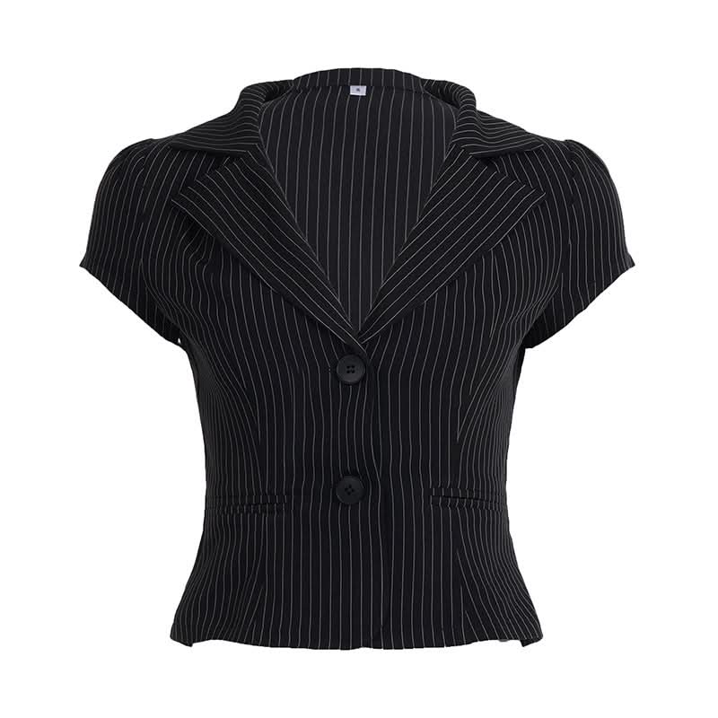 Chic Pinstripe Short Sleeve Blazer Blouse for Women - Fall Office & Versatile Style