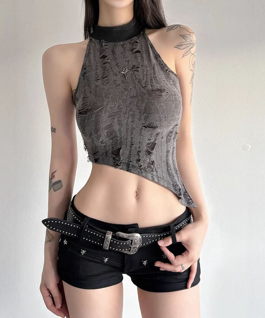 Edgy Asymmetric Distressed Halter Crop Top - Your Bold Fall & Night Out Statement