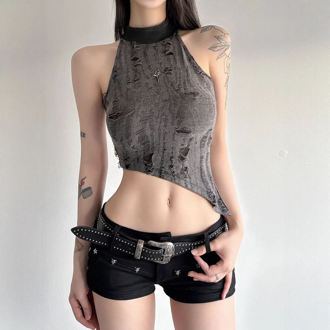 Edgy Asymmetric Distressed Halter Crop Top - Your Bold Fall & Night Out Statement
