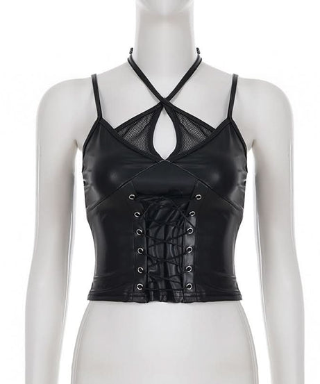 Edgy Faux Leather Lace-Up Crop Top with Mesh | Gothic Glam Cami for Fall & Halloween Nights