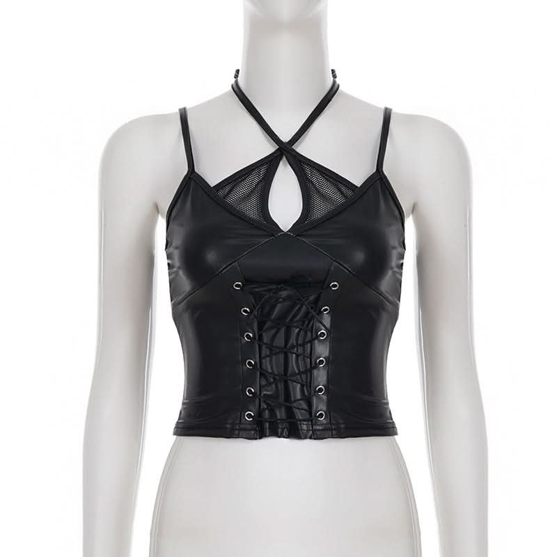 Edgy Faux Leather Lace-Up Crop Top with Mesh | Gothic Glam Cami for Fall & Halloween Nights