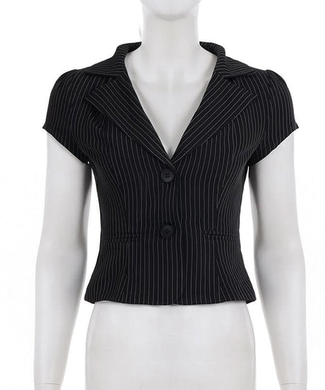 Chic Pinstripe Short Sleeve Blazer Blouse for Women - Fall Office & Versatile Style