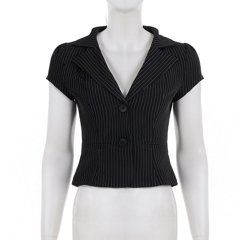 Chic Pinstripe Short Sleeve Blazer Blouse for Women - Fall Office & Versatile Style