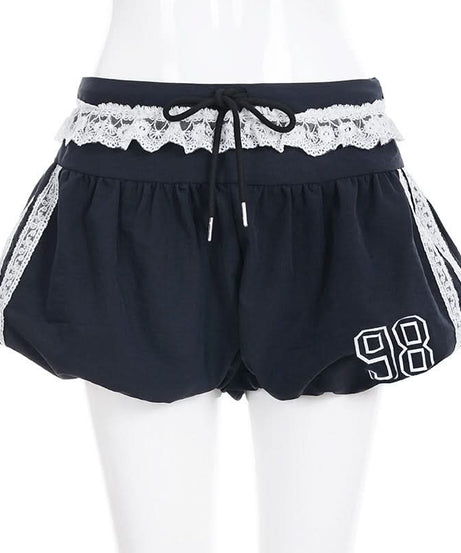 Retro-Chic '98' Navy Lace Trim Drawstring Shorts - Women's Cozy Loungewear & Athleisure