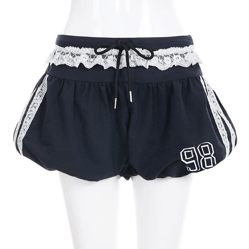 Retro-Chic '98' Navy Lace Trim Drawstring Shorts - Women's Cozy Loungewear & Athleisure