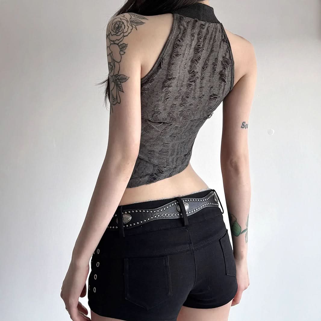 Edgy Asymmetric Distressed Halter Crop Top - Your Bold Fall & Night Out Statement